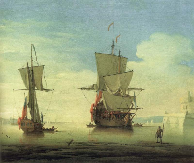 Monamy, Peter A fifty gun two-decker,at sea near a coast Sweden oil painting art